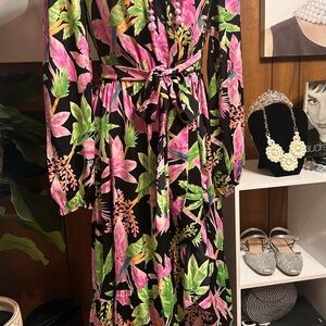 Easel Black tropical Floral Dress with Pink and Green